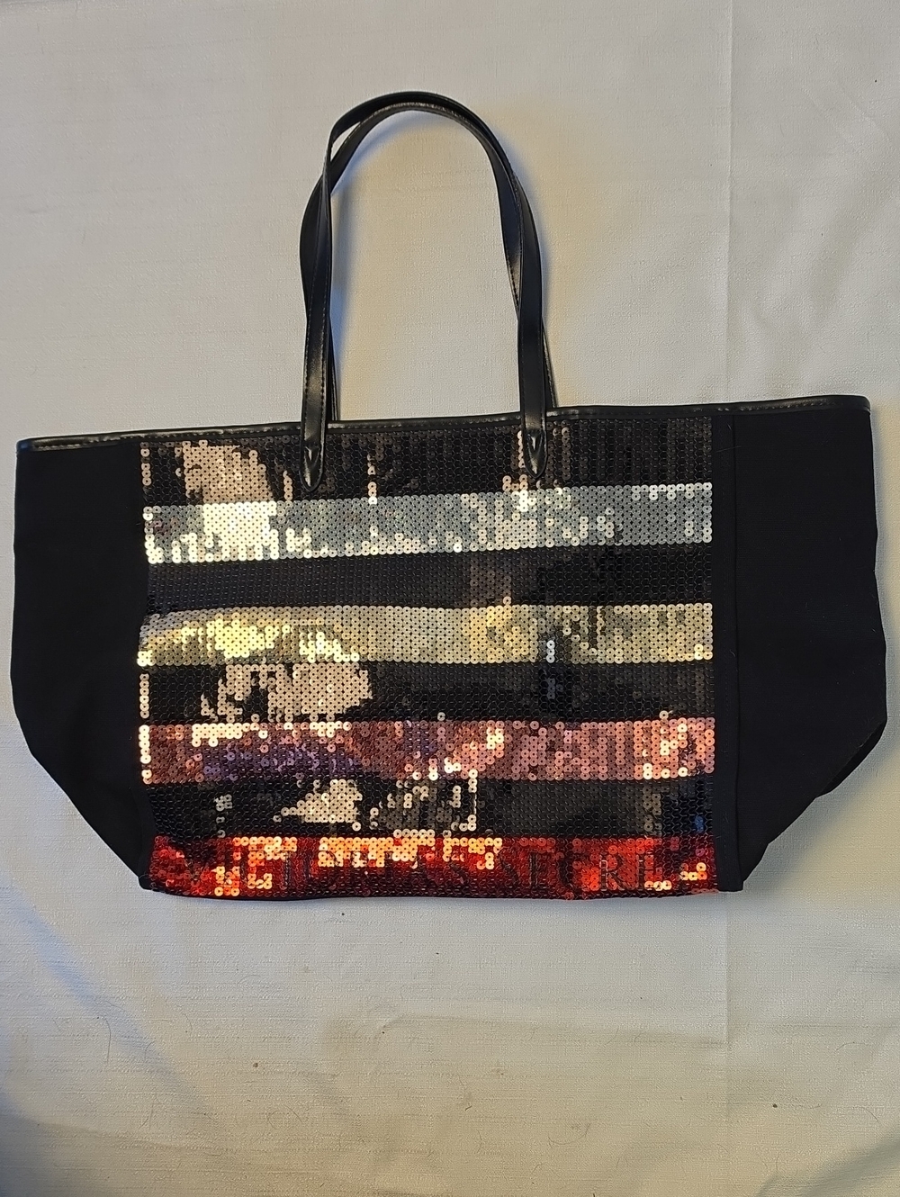 Victoria's Secret Tote Bag with Red, Silver, Gold and Pink Sequin Stripes